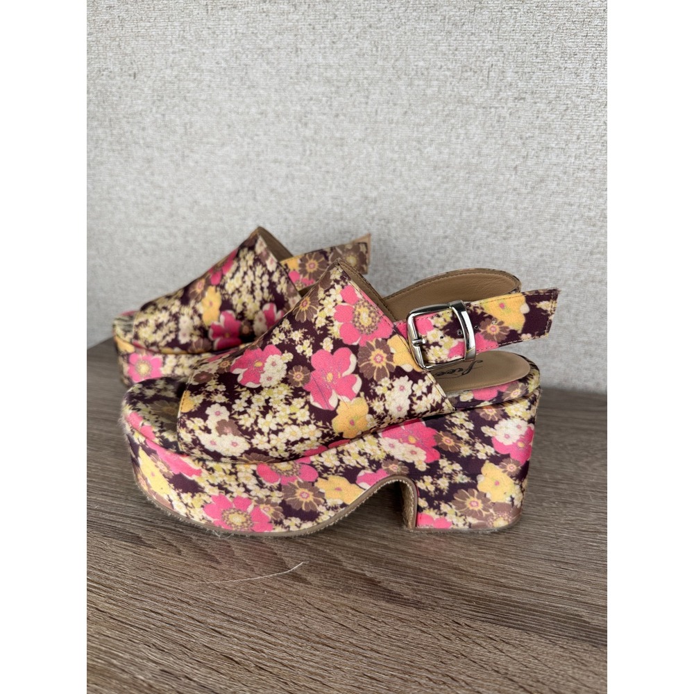 Free People Pink Floral Platform Sandals Slingback Buckle Jute Sole Sz 37 US 7